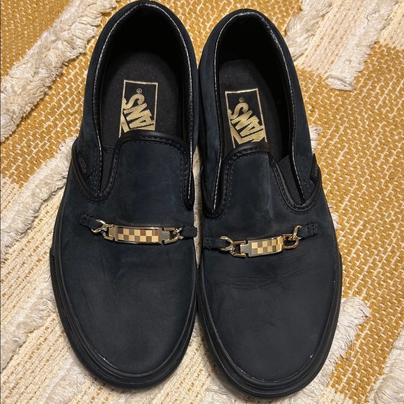 Vans Shoes - Vans classic black leather slip on ID gold trim